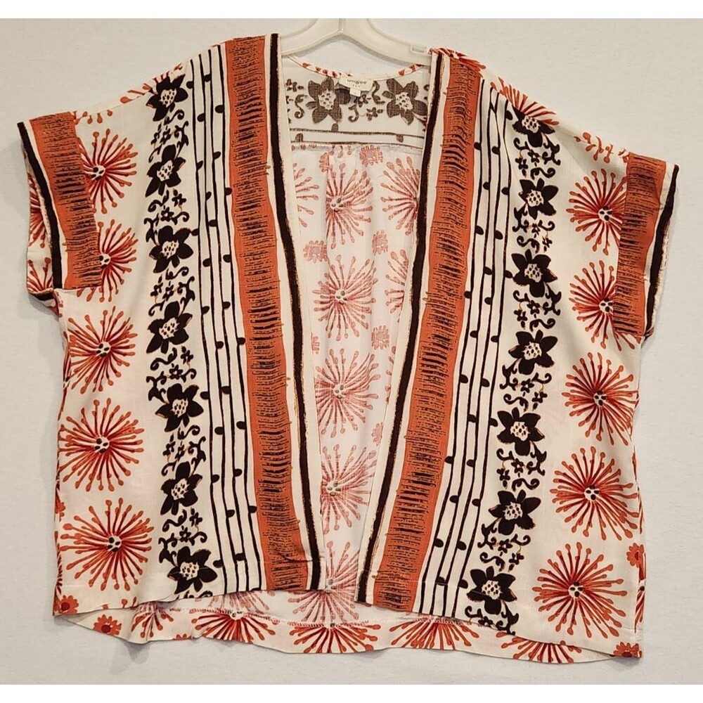 Umgee Large Floral Kimono Cardigan Rust Orange Striped Open Front Boho Chic 70s